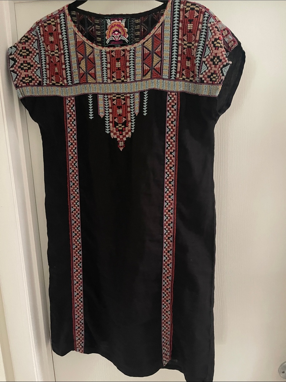 Johnny Was Black Mini Dress with Multicolor Embroidered Yoke